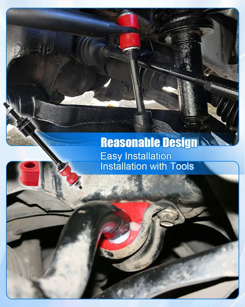 Dodge Ram 1500 4WD Sway Bar Link With Bushing Kit For 2006 To 2012 2013 To 2018 And Classic 2019 To 2024 Beefed Up Heavy Duty Stabilizer Link Replacement For Better Handling Stability And Safer Cornering On Rough Roads. installed undercarriage with red polyurethane bushings