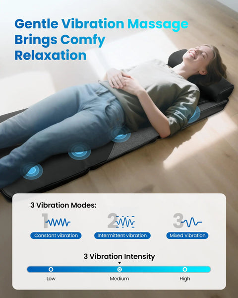 Full Body Massage Mat With Heat And Shiatsu Kneading For Deep Tissue Back Pain Relief in use, highlighting vibration settings