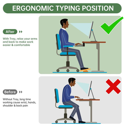 Ergonomic typing position with extra large under desk keyboard tray, slide out design. Shows impact of sturdy C clip mount system on posture.