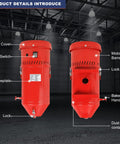 Front and side view of Beast 1.6 HP Industrial Dust Collector with labeled parts in a large industrial space