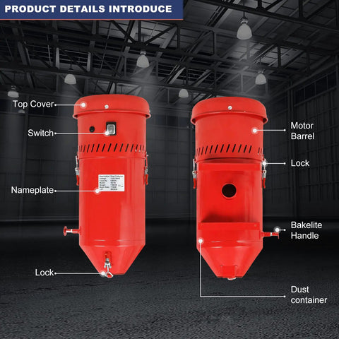 Front and side view of Beast 1.6 HP Industrial Dust Collector with labeled parts in a large industrial space