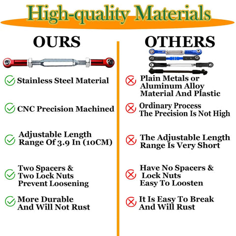 Comparison chart highlighting Traxxas 1/10 Dope Stainless Steel Turnbuckles quality versus other materials.