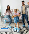 Family enjoying indoors using Automatic Shoe Cover Dispenser Featuring 200 Disposable Non Slip Shoe Covers for hygiene.