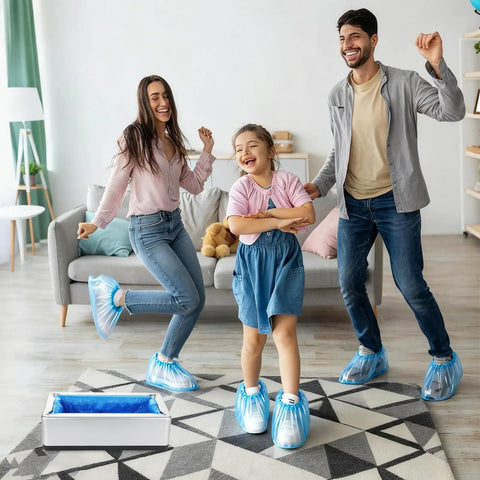 Family enjoying indoors using Automatic Shoe Cover Dispenser Featuring 200 Disposable Non Slip Shoe Covers for hygiene.