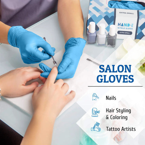No Sweat Blue Nitrile Gloves Medium 100 Count Built Tough At Three Mil Thick Powder Free Latex Free With Slick Textured Grip Ideal For Kitchen Cooking House Cleaning And Beauty Salons used in a nail salon for manicures.