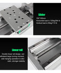 Beefy 100mm Travel CNC Linear Stage with Cross Sliding Table and 1605 Ballscrew, featuring precision linear rails and motor mount bracket