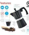 Bold Black Nine Cup Stovetop Espresso Maker Moka Pot pouring espresso into a clear cup with coffee beans nearby.