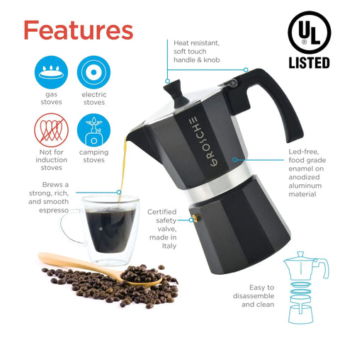 Bold Black Nine Cup Stovetop Espresso Maker Moka Pot pouring espresso into a clear cup with coffee beans nearby.