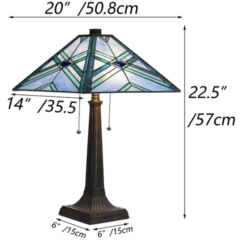 Blue Tiffany Style Mission Stained Glass Table Lamp For Reading And Work Vibe Decor, 20 Inch Wide By 22.5 Inch Tall