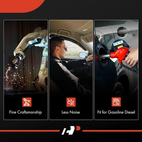 Collage of fine craftsmanship, reduced noise in car interior, and gasoline diesel pump compatibility