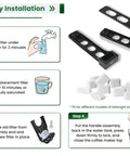 12-pack activated charcoal water filters with black replacement holders for Delonghi espresso machines.