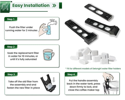 12-pack activated charcoal water filters with black replacement holders for Delonghi espresso machines.