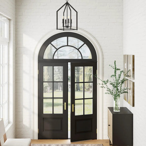 Chic Rustic Black 4 Light Chandelier With Metal Cage Pendant Adjustable Chain Hanging Light Fixture For Kitchen Island And Dining Room.