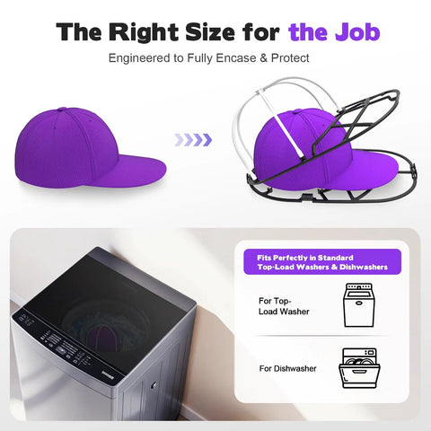 Hat Washer Cage For Washing Machines And Dishwashers, Baseball Cap Cleaner Rack with purple cap inside, washing machine illustration