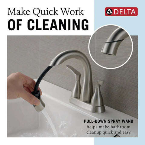Broadmoor Centerset Brushed Nickel Bathroom Faucet with Pull Down Sprayer showing use and spray wand details