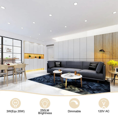 2 Inch LED Recessed Lighting Kit Dimmable Downlight 3W 35W Halogen Equivalent CRI80 5000K Daylight White Ceiling Light in modern living room