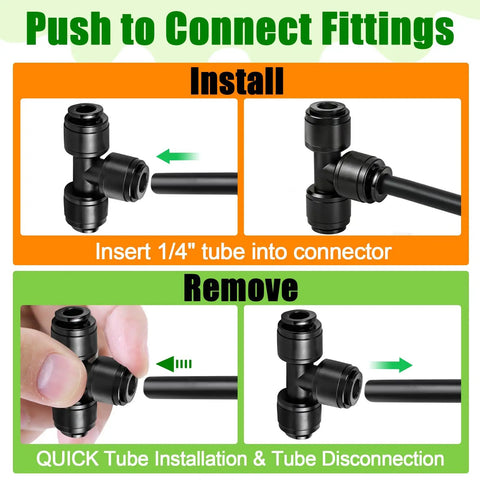Installation and removal of 1/4 Inch Drip Irrigation Fittings Kit 40-Piece Go-To Set Push-To-Fit Connectors for Garden Tubing