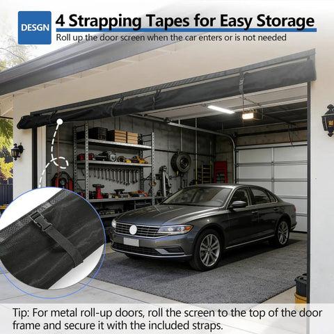 Installed Magnetic Closure Garage Door Screen 9 by 7 Feet for One Car, Hands Free Bug Blocking Fiberglass Mesh in garage setup