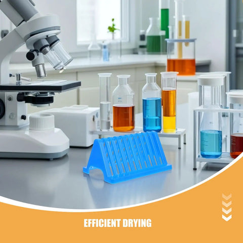 Triangular Microscope Slide Drying Rack 4 Pack Chemical Resistant Plastic Lab Equipment Holder on lab table with beakers.