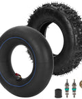 4.10/3.50-6 Inner Tube With TR87 Bent Valve Stem For Go Karts ATVs Quads Lawn Mowers; tire, valve stem, repair tools shown