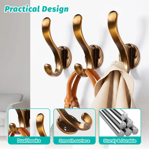 Heavy Duty Black Wall Hooks 6 Pack With Double Prong Design Built Tough Metal Coat Hangers Includes Screws And Wall Anchors For Secure Mounting Perfect For Coats Bags And More Great Home Organization, dual hooks on wall