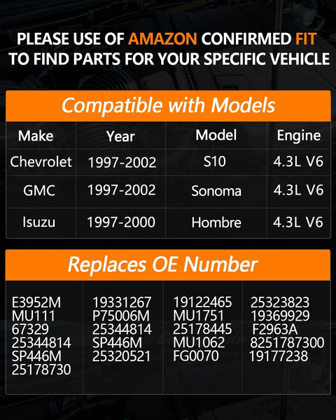 Image listing compatibility and OE numbers for Electric Fuel Pump Module Assembly Compatible With 1997-2002 Chevy S10 4.3L V6, 1997-2002 GMC Sonoma 4.3L V6, And 1997-2000 Isuzu Hombre 4.3L V6 Replacement OE E3952M SP446M MU111 P75006M MU1751 19331267 19122465 25323823.
