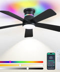 Dope 46 Inch Black Ceiling Fan With LED Lights And RGB Color Changing, Flush Mount Low Profile Ceiling Fan, app and remote shown