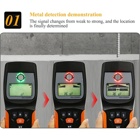 Demonstration of Slick Digital Wall Scanner And Straight Shot Stud Finder detecting metal signals with green and red indicators.