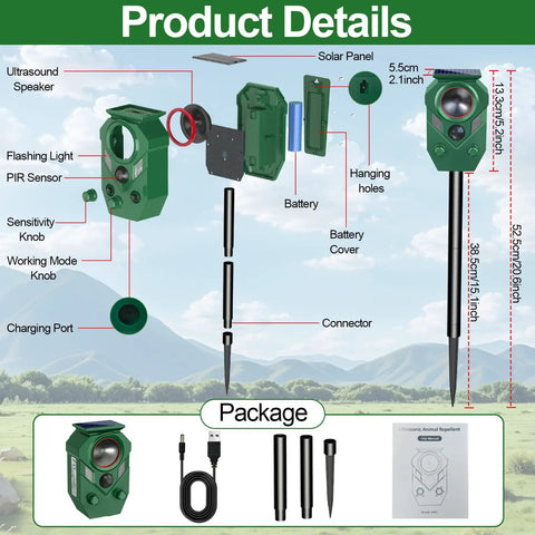 Solar Ultrasonic Critter Repeller With Motion Sensor Waterproof Outdoor Pest Defender For Cats Dogs Rabbits Squirrels Mice Raccoons Deer Skunks And More To Protect Your Yard Farm Garden 1 Pack, exploded view with stake