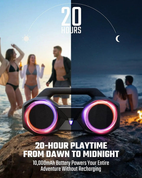 80W Peak Bluetooth Speaker With Bass Boost, Loud As Hell, 20 Hours Of Playtime, IPX7 Waterproof, RGB Lights on a beach