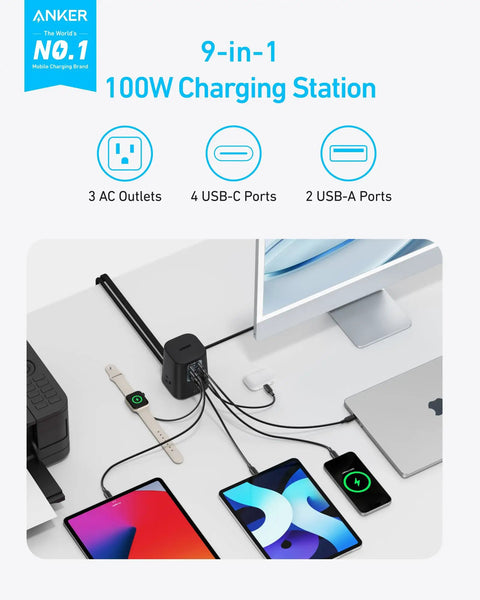 Nine In One Desktop Power Strip That Powers All Your Gadgets With 300J Surge Flat Plug 100W USB C Charger on office desk