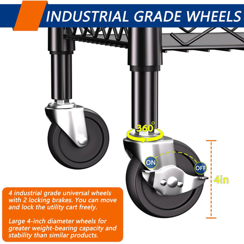 Industrial wheels of Three Tier Heavy Duty Rolling Utility Cart With Industrial Metal Frame And Handle Bar, close-up view of casters