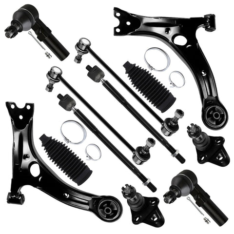 ASAPE 12-piece front suspension kit for Toyota Corolla: black steel lower control arms, ball joints, tie rod ends.