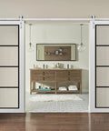 Hassle Free Smooth Glide Sliding Double Barn Door Kit 42 X 96 Inches White Clear Glass Steel Panels in interior setting.