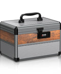Durable Aluminum Alloy Security Lock Box With 3 Digit Code Lock For Personal Items And Medicine Small 10 Inch Black Dorm Storage Trunk Lockable Briefcase Style Trunk With Keyless Access showing front angle with handle and code lock.