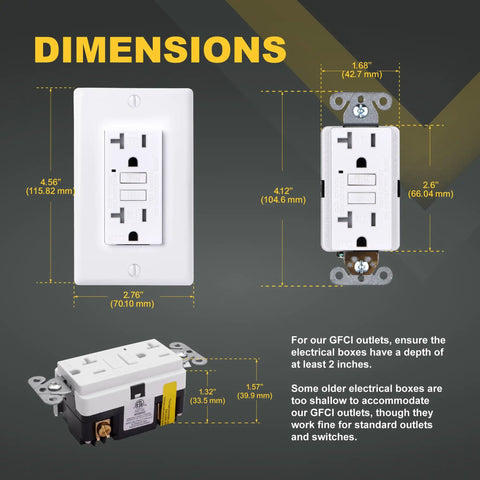 Dimensions of 20 Amp GFCI Outlet With Tamper Resistant GFI Duplex Receptacle LED Indicator Self Test ETL Listed