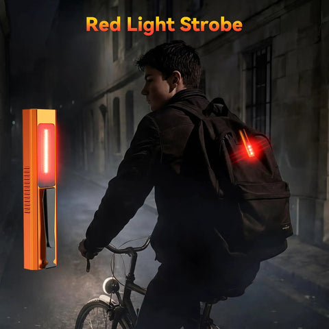 Cyclist using 4 In 1 EDC Slim Flashlight With USB C Rechargeable Battery Magnetic Tail Cap UV Light Green Laser Pointer Red Strobe