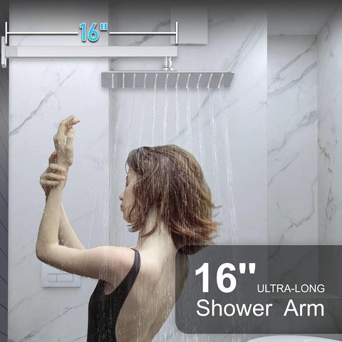 Woman enjoying shower under High Pressure 12 Inch Square Rain Shower System with chrome valve trim and 16 inch shower arm
