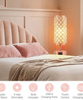 Rose Gold Crystal Table Lamp With 3 Way Dimmable Touch Control And USB C And USB A Ports, Nightstand Bedside Light