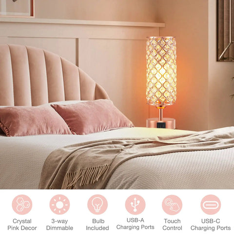 Rose Gold Crystal Table Lamp With 3 Way Dimmable Touch Control And USB C And USB A Ports, Nightstand Bedside Light