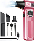 Powerful Cordless Air Duster in pink with rechargeable 8000mAh battery, adjustable speed, LED light, attachments shown, eco-friendly cleaning