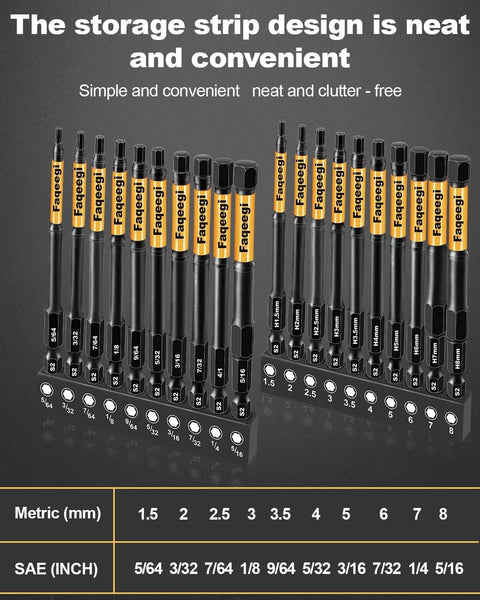 Faqeegi 20-piece 4-inch hex bit set, metric and SAE, S2 steel, 1/4-inch shank, magnetic CNC tips