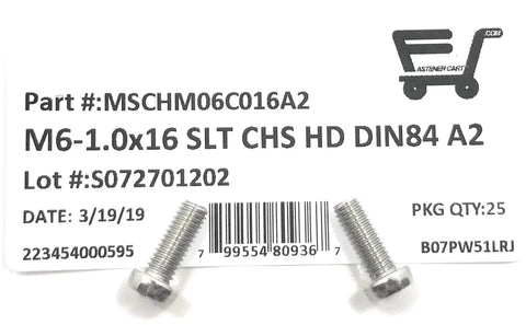 Slick M6 X 16 Stainless Steel Machine Screws With Slotted Cheese Head DIN84 Grade A2 70, showing three fasteners with packaging details.
