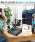Woman using Beast 150W X2 Powered Audio Mixer with computer, 4 channel soundboard, and wireless mic for recording