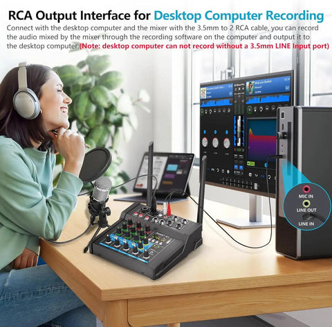 Woman using Beast 150W X2 Powered Audio Mixer with computer, 4 channel soundboard, and wireless mic for recording
