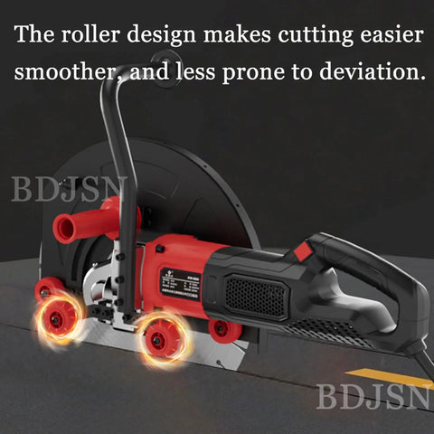 Heavy Duty Electric Concrete Edge Cutter Saw With 8900W Wall Cutting Motor And Water Pump Kit, showing roller design for improved cutting.