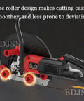 Badass Handheld Electric Concrete Saw With Built In Water Pump And Hose For Smooth Ring Cuts Through Stone Brick Wall Grooving In Cramped Areas Pro Level Powerhouse close-up of roller design for precision cutting