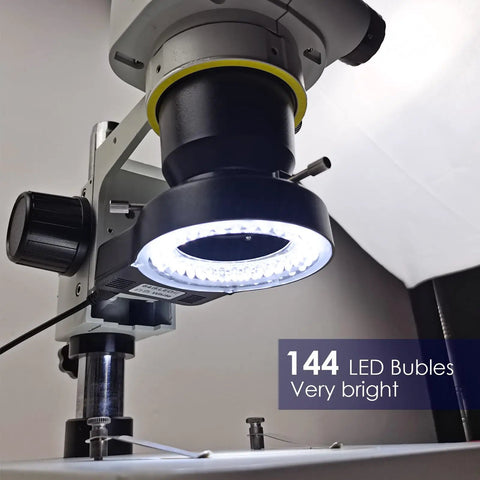 Ultra Bright Ring Light Illuminator For Microscope With 144 LED Beads Adjustable Illumination, mounted on microscope objective