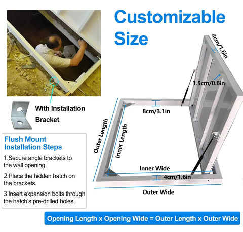 Installation guide for Top Shelf Heavy Duty Hidden Floor Access Panel, Recessed Crawl Space Hatch with brackets and dimensions.