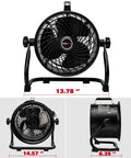 Front and side views of 10 Inch Drum Fan With 900 CFM, 3 Speed Industrial Floor Fan, Tilt Head 360 Degree, Aluminum Blades, Heavy Duty Design